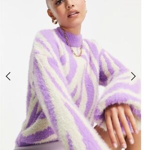 Wednesday's Girl Relaxed Sweater with Balloon Sleeves in Zebra Knit Purple